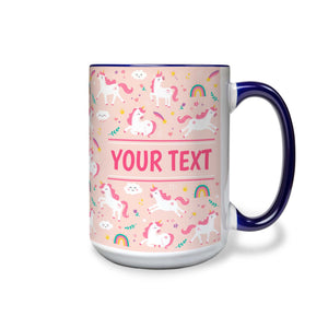 Personalized Navy Blue Accent Mug - Unicorns - Pink - 15 Ounces