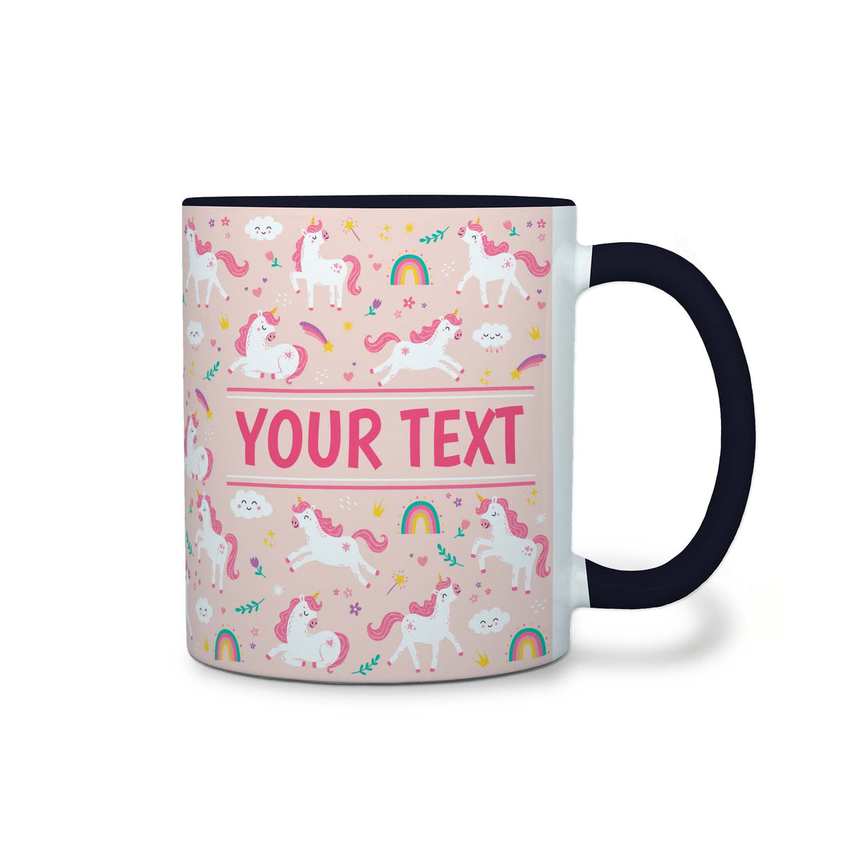 Personalized Black Accent Mug - Unicorns - Pink - 11 Ounces