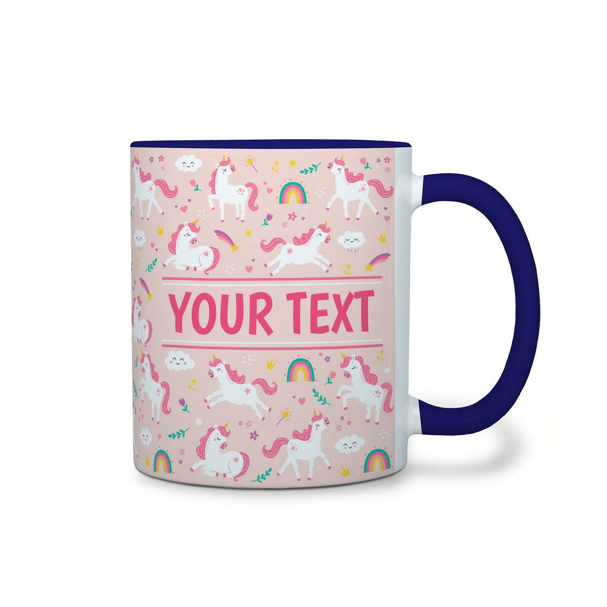 Personalized Navy Blue Accent Mug - Unicorns - Pink - 11 Ounces
