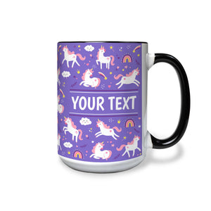 Personalized Black Accent Mug - Unicorns - Purple - 15 Ounces