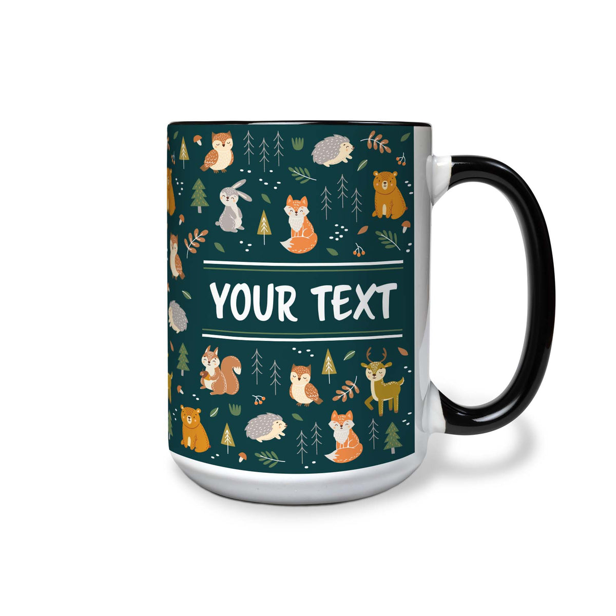 Personalized Black Accent Mug - Woodland Creatures - 15 Ounces