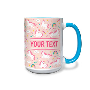 Personalized Light Blue Accent Mug - Unicorns - Pink - 15 Ounces