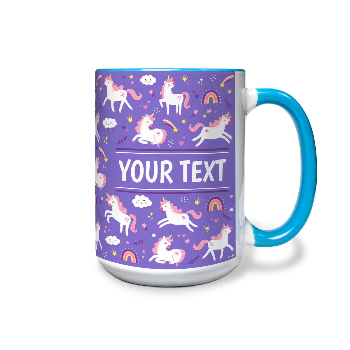 Personalized Light Blue Accent Mug - Unicorns - Purple - 15 Ounces