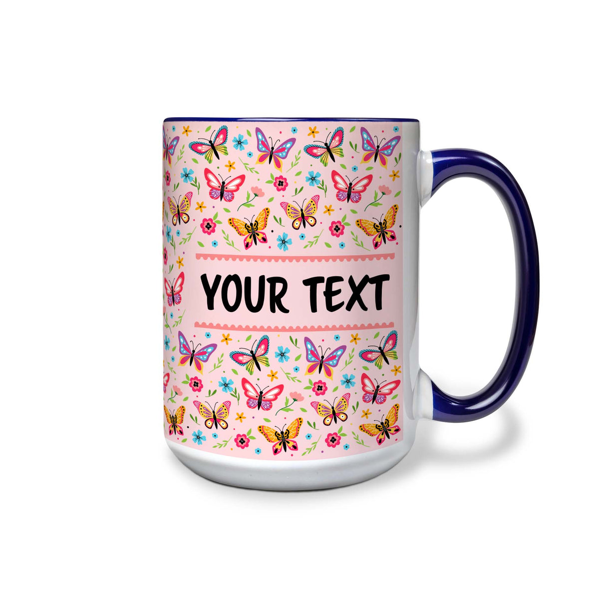 Personalized Navy Blue Accent Mug - Butterflies - 15 Ounces
