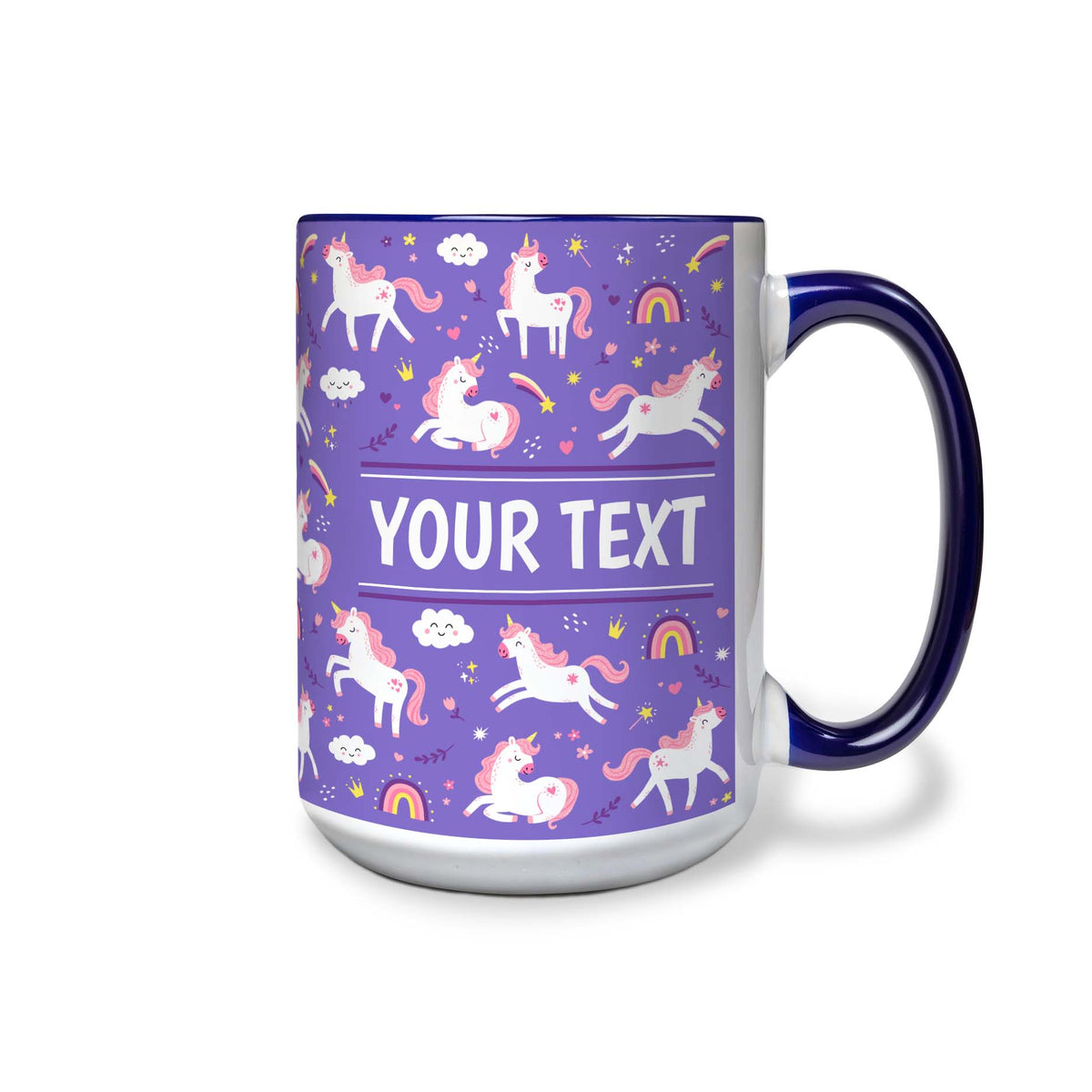 Personalized Navy Blue Accent Mug - Unicorns - Purple - 15 Ounces