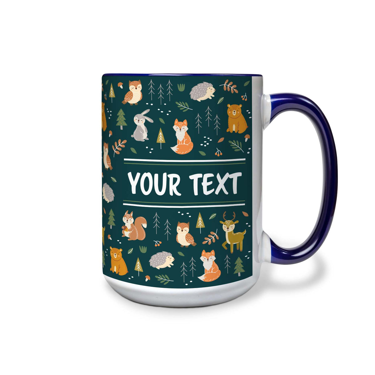 Personalized Navy Blue Accent Mug - Woodland Creatures - 15 Ounces