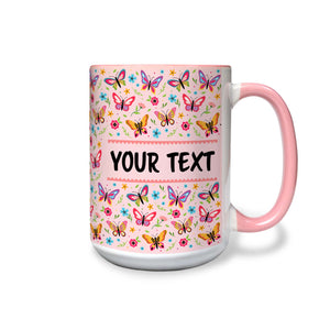 Personalized Pink Accent Mug - Butterflies - 15 Ounces