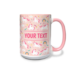 Personalized Pink Accent Mug - Unicorns - Pink - 15 Ounces