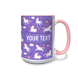 Personalized Pink Accent Mug - Unicorns - Purple - 15 Ounces