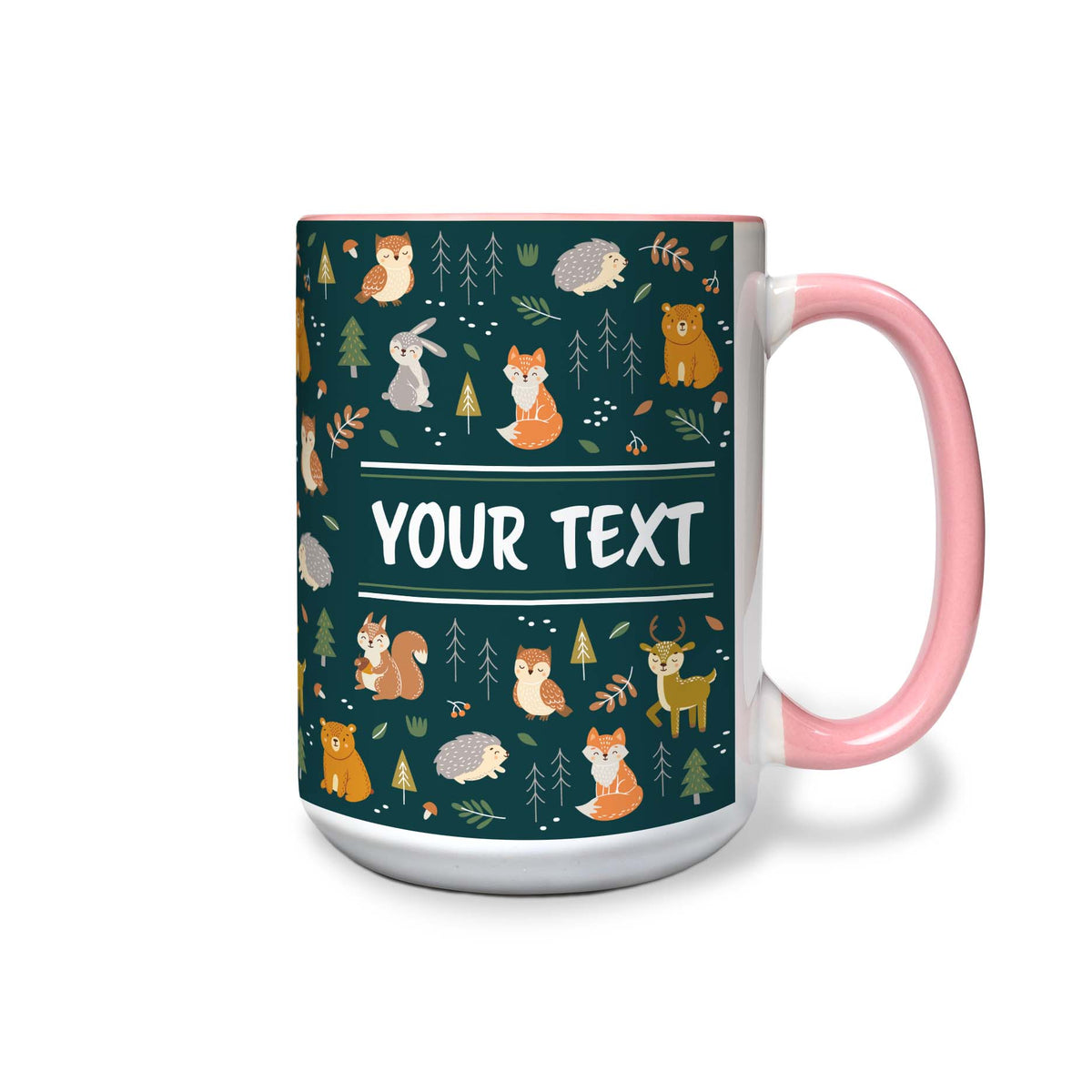 Personalized Pink Accent Mug - Woodland Creatures - 15 Ounces