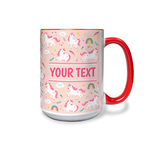 Personalized Red Accent Mug - Unicorns - Pink - 15 Ounces