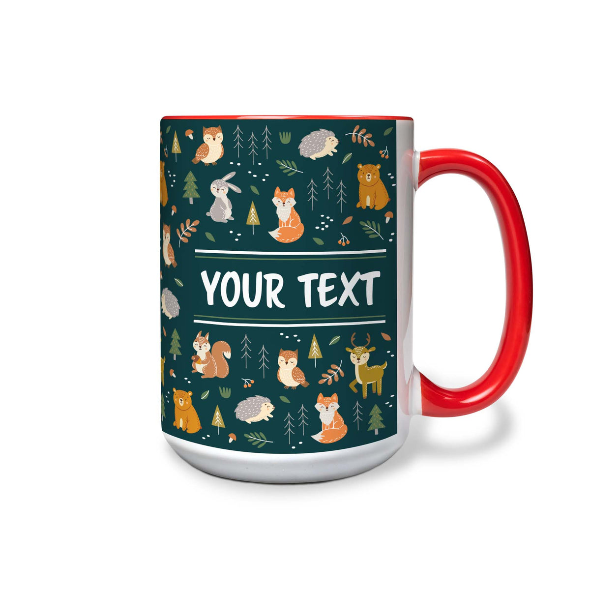 Personalized Red Accent Mug - Woodland Creatures - 15 Ounces